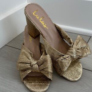 Lulu's Metallic Gold Bow Heels